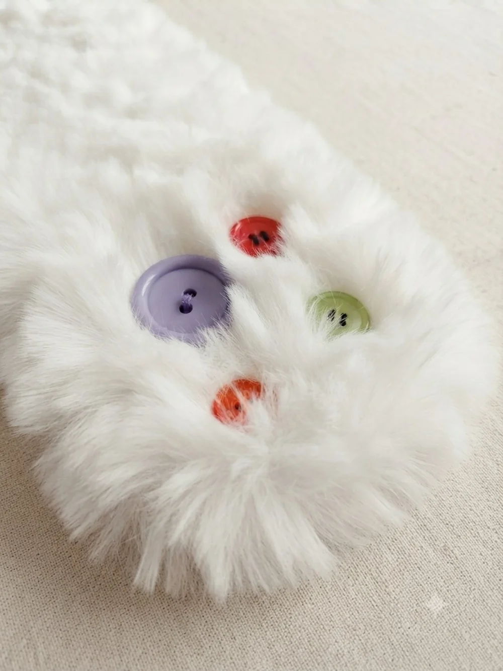 Halara Faux Fur White Winter Scarf with Colorful Accent Buttons Fun Quirky